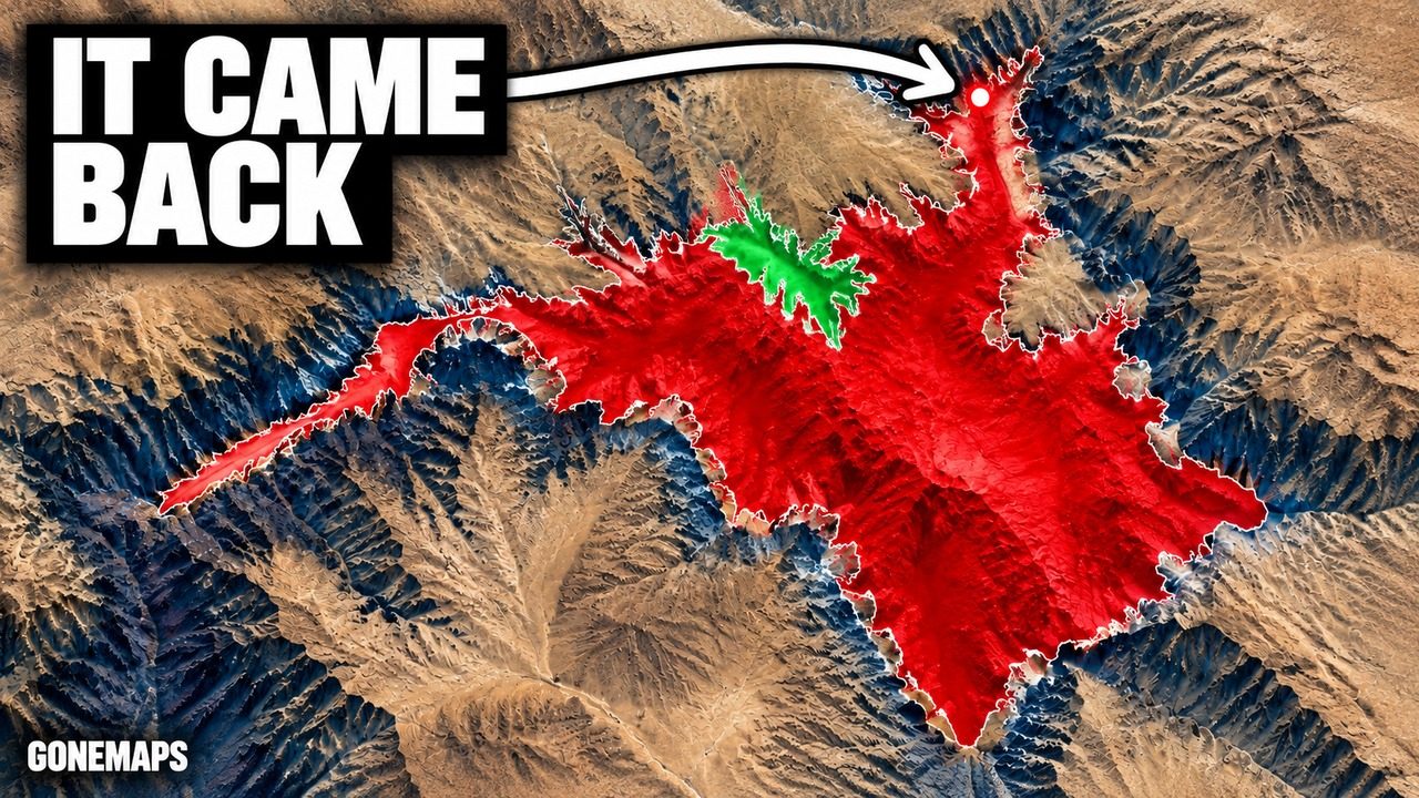 Episode 1 thumbnail: a reservoir in red on a relief map, with the words It came back